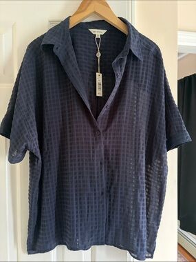 Max Studio Navy Textured Short-Sleeve Button-Down Shirt